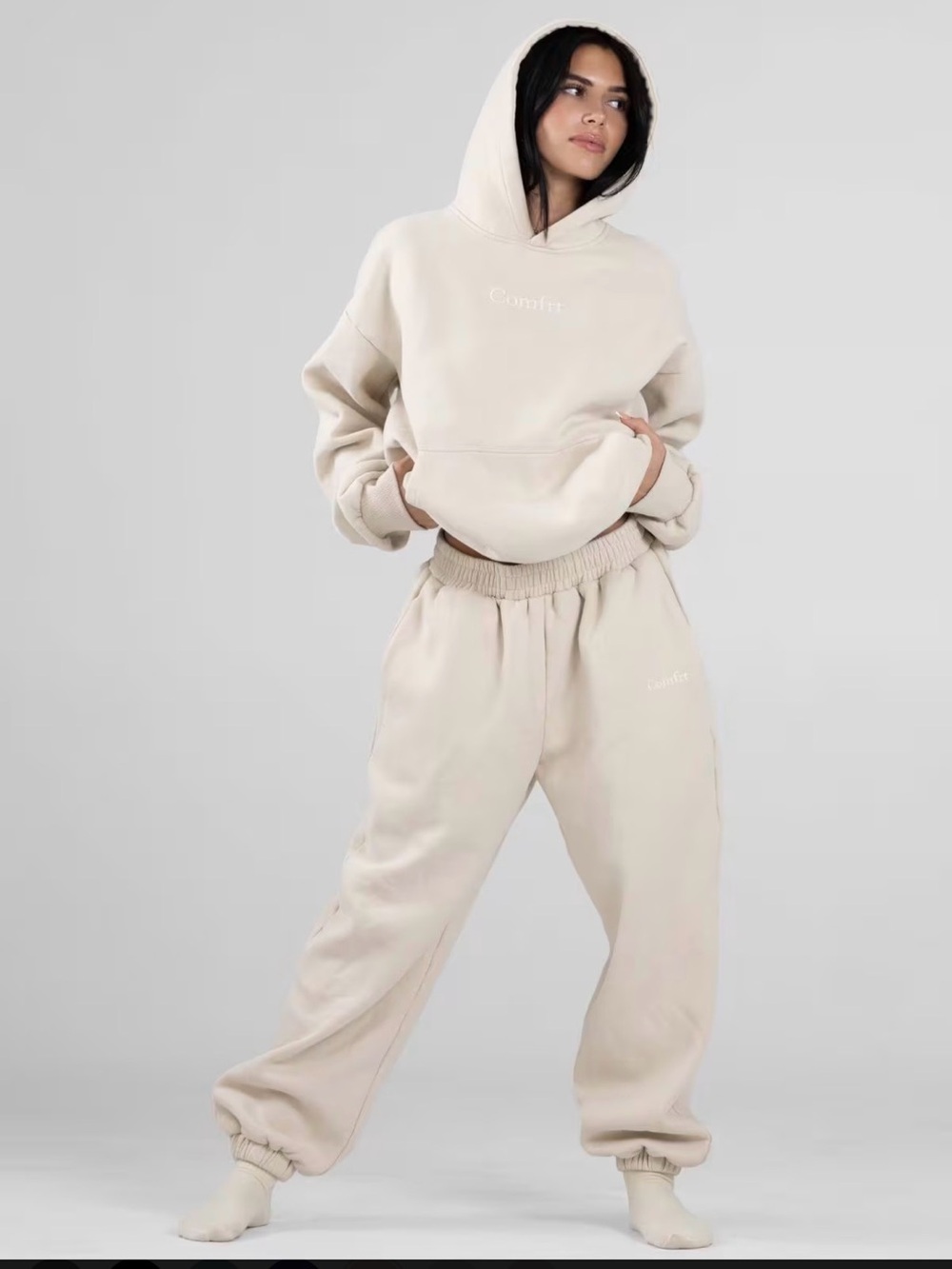 Oversized Cream Matching Fleece Joggers and Hoodie with Elastic Waist